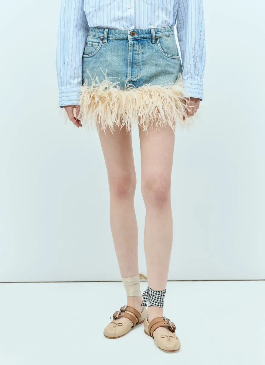 Feather-Trimmed Denim Mini Skirt