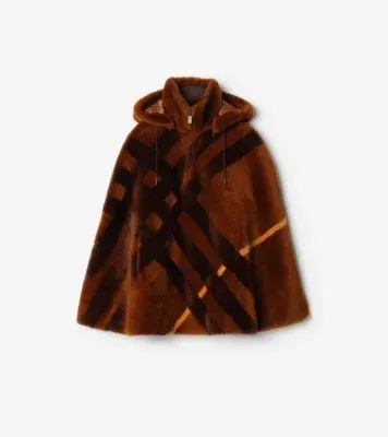 Check Intarsia Shearling Cape in Ginger brown