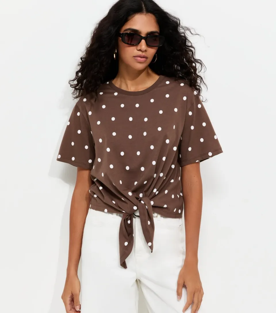 Women's Brown Cotton Spot Print Tie Front T-Shirt