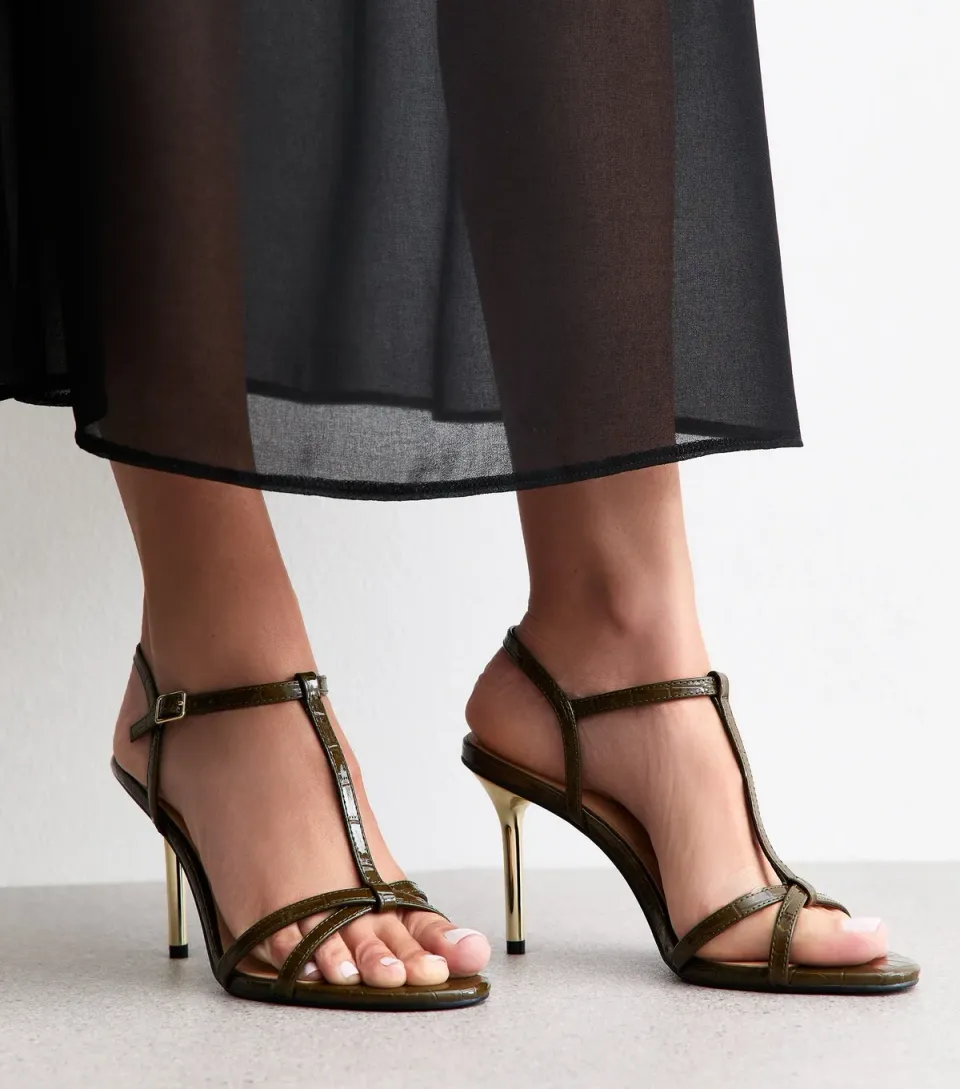 Women's Dark Khaki Faux Leather T-Bar Metallic Heel Stiletto Sandals Vegan