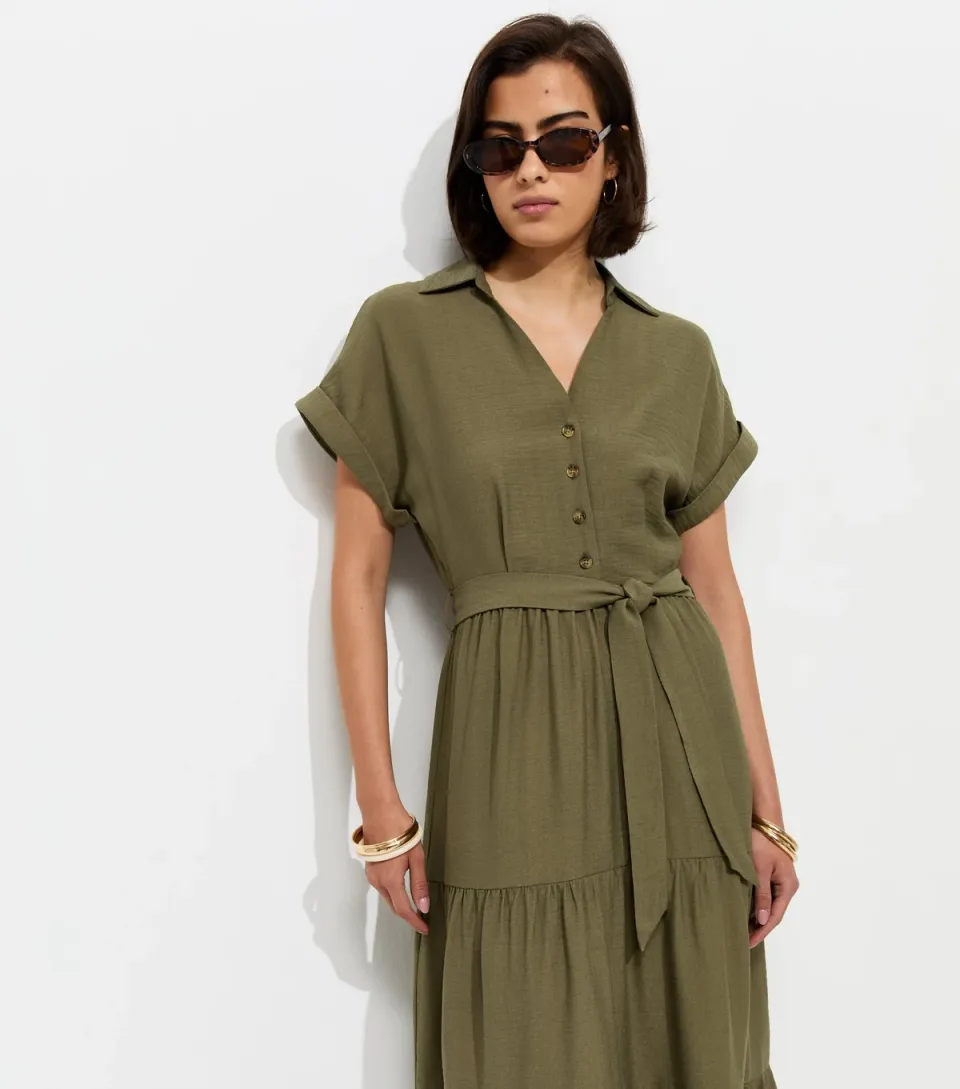 Women's Dark Khaki Tiered Midi Shirt Dress