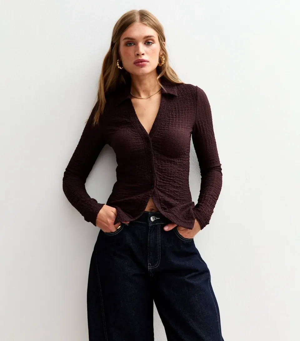 Women's Brown Textured Jersey Collared Long Sleeve Top
