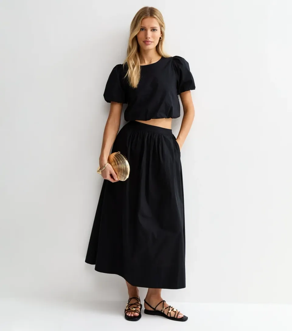 Women's Black Cotton Poplin Circle Midi Skirt