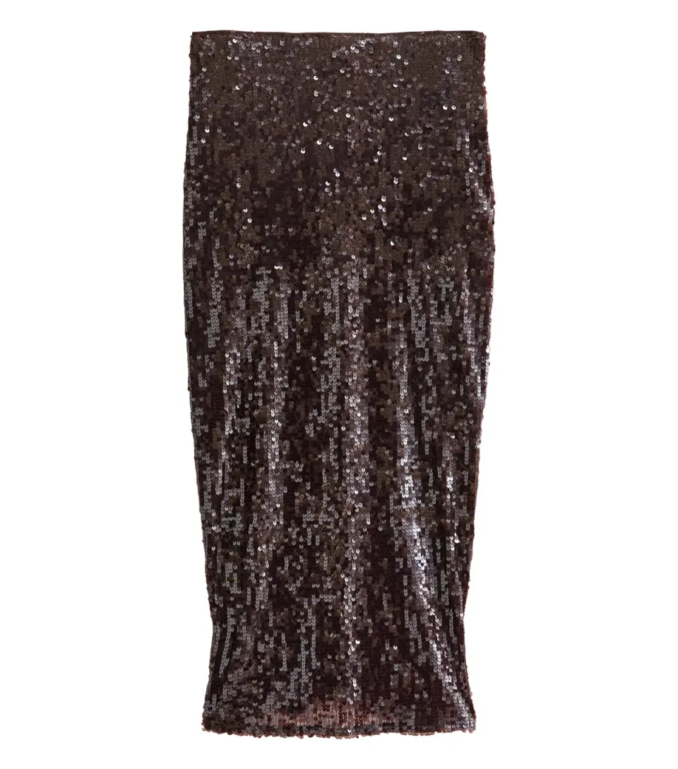 Women's Dark Brown Sequin Embellished Midi Skirt