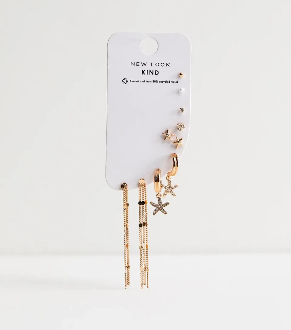 Pack of 7 Gold Tone Coastal Drop and Stud Earrings