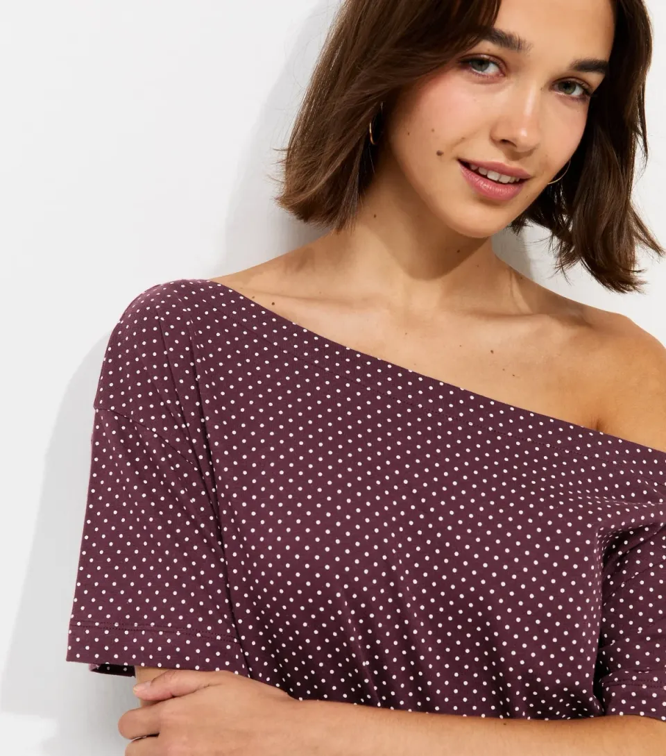 Women's Purple Cotton Spot Off The Shoulder Top