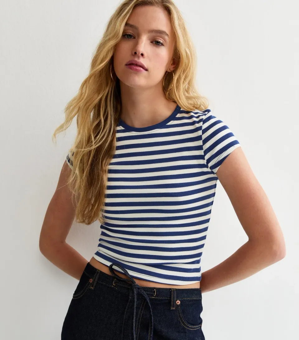 Women's Blue Striped Cropped T-Shirt