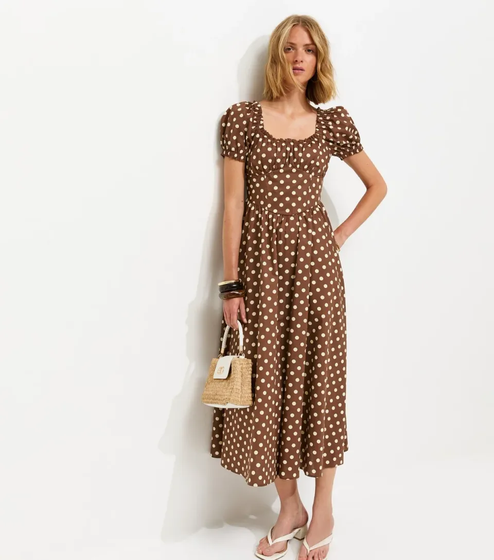 Women's Brown Cotton Polka Dot Ruched Midi Dress