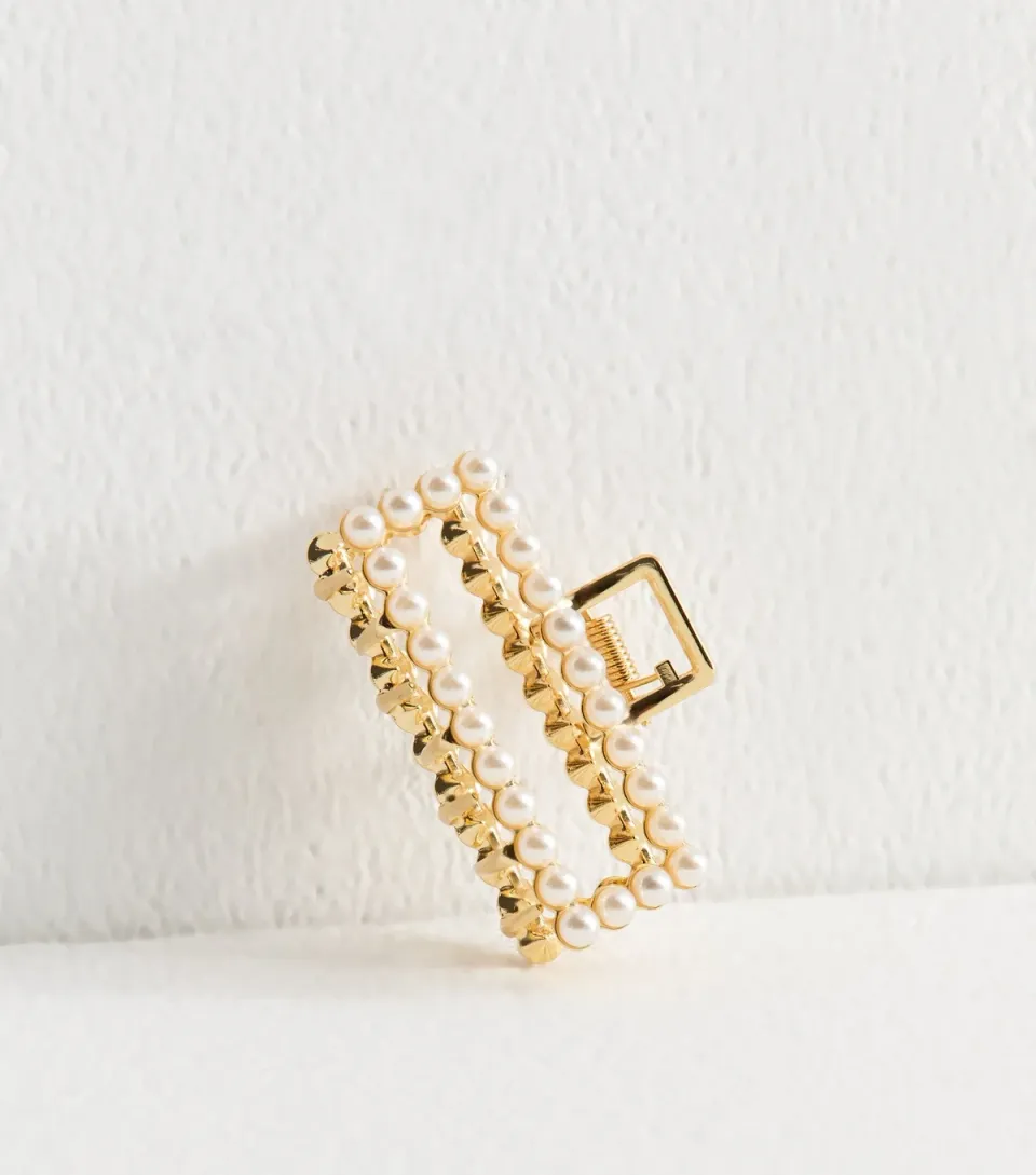 Gold Tone Faux Pearl Rectangle Hair Clip