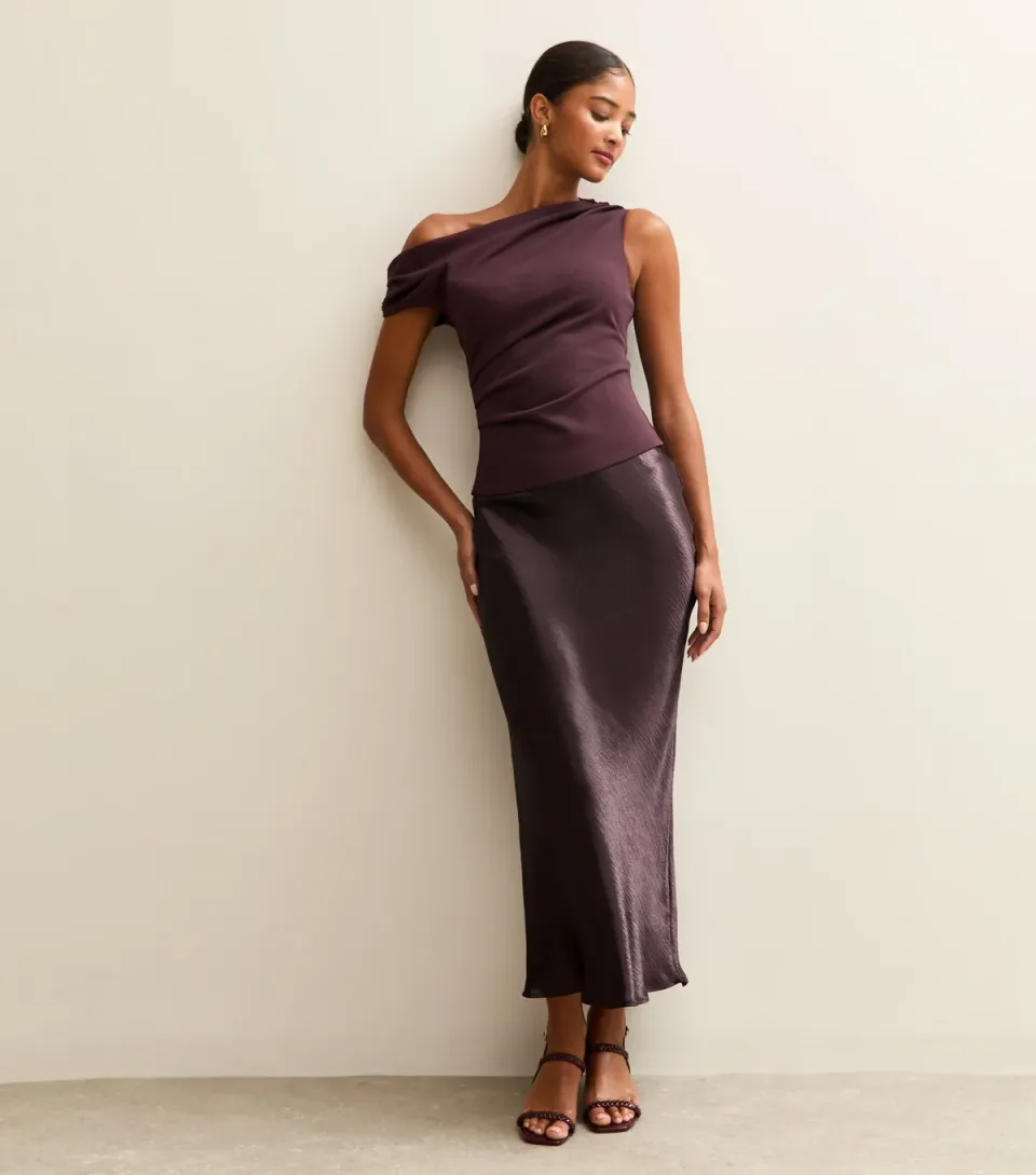 Women's Dark Burgundy Satin Midi Skirt