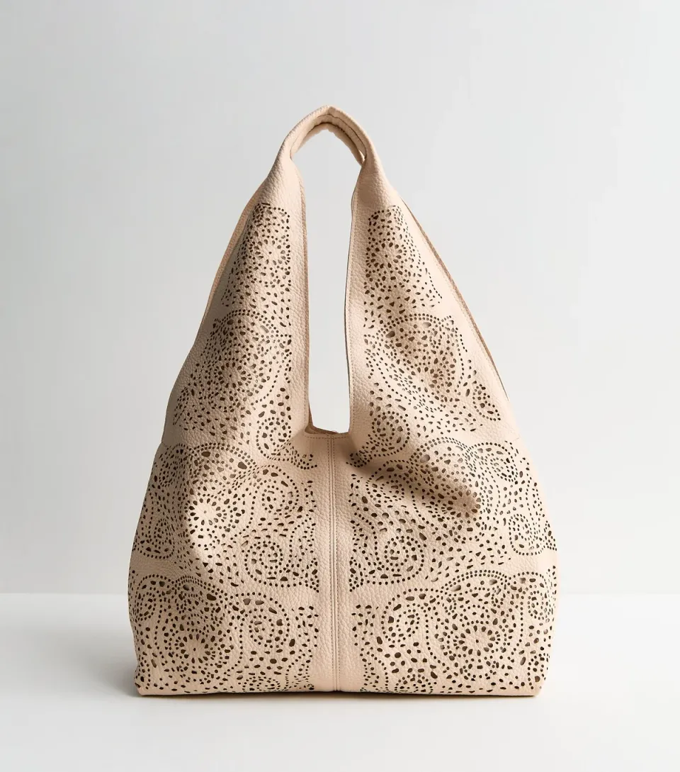 Cream Faux Leather Slouchy Laser Cut Shoulder Bag