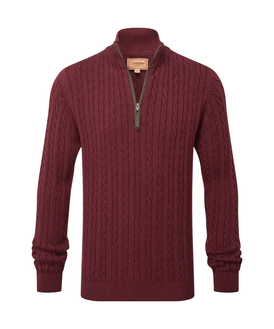 Calton Cotton Cashmere Cable Quarter Zip Jumper - Burgundy