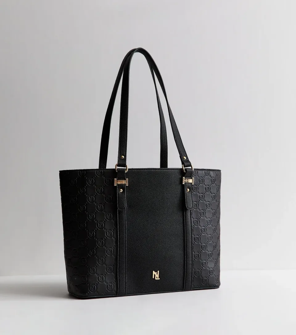 Black Faux Leather Logo Embossed Tote Bag