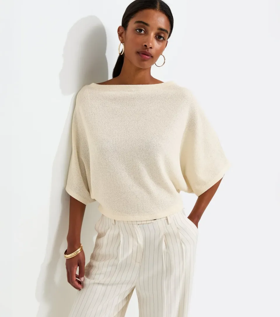 Women's Off White Slash Neck Textured Batwing Top