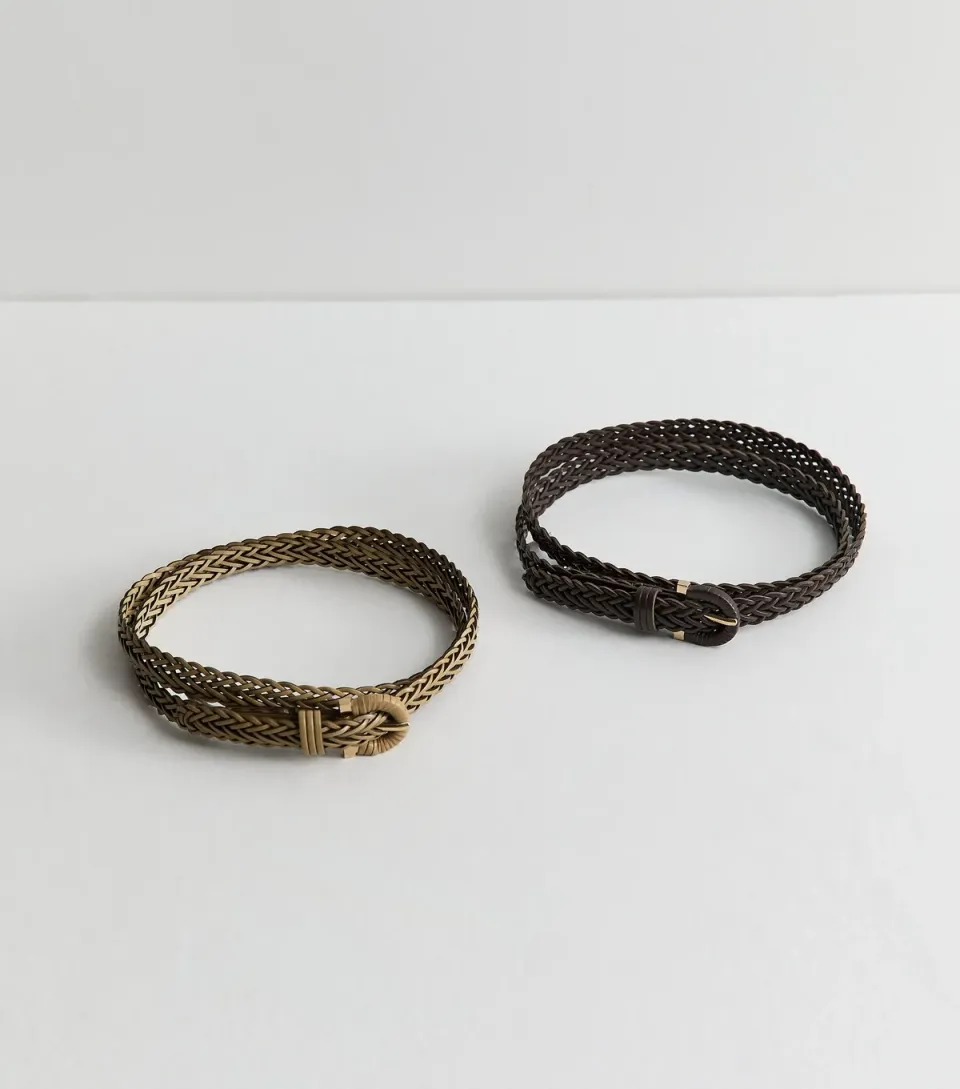 Mink Pack of 2 Faux Leather Plaited Skinny Belts