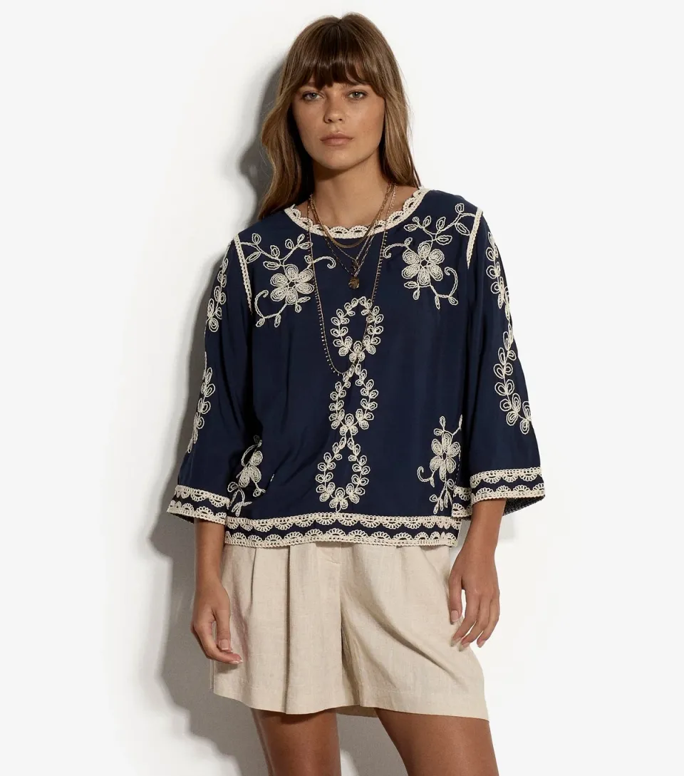 Women's Navy Embroidered Bell Sleeve Top