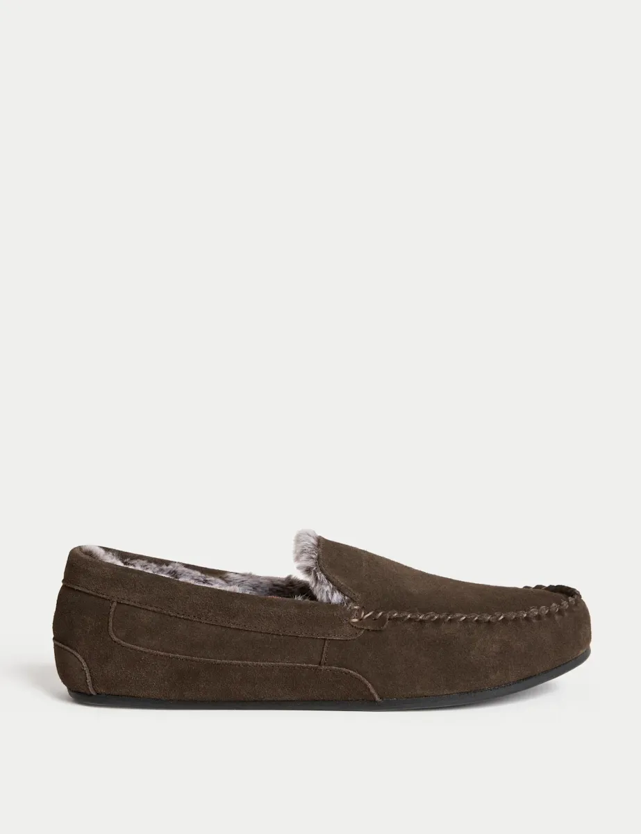 Suede Fleece Lined Moccasin Slippers Dark Brown