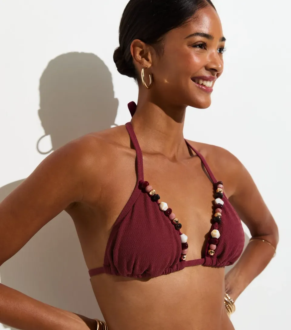 Women's Burgundy Premium Beaded Edge Triangle Bikini Top