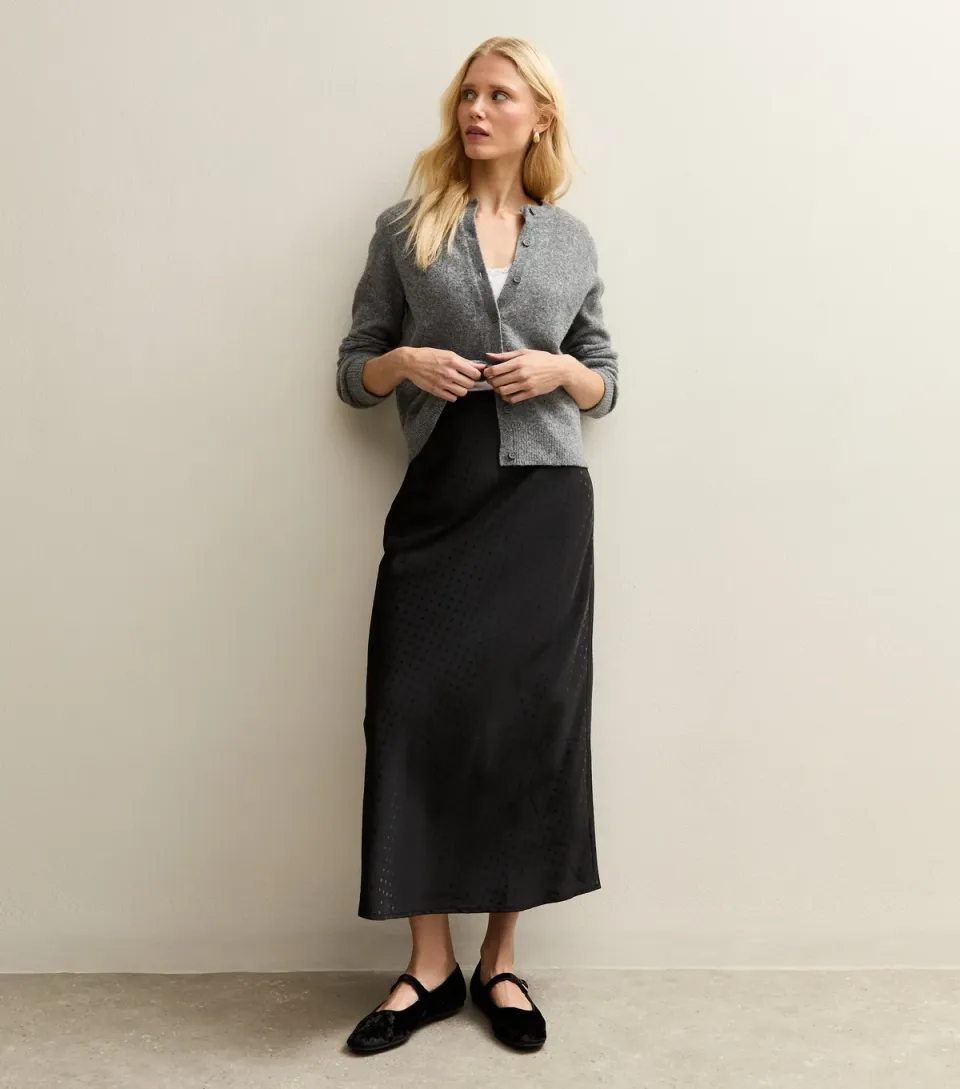 Women's Burgundy Spot Jacquard Satin Bias Cut Midi Skirt