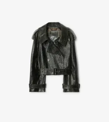 Cropped Embossed Leather Trench Jacket in Moat green - Women, Suede
