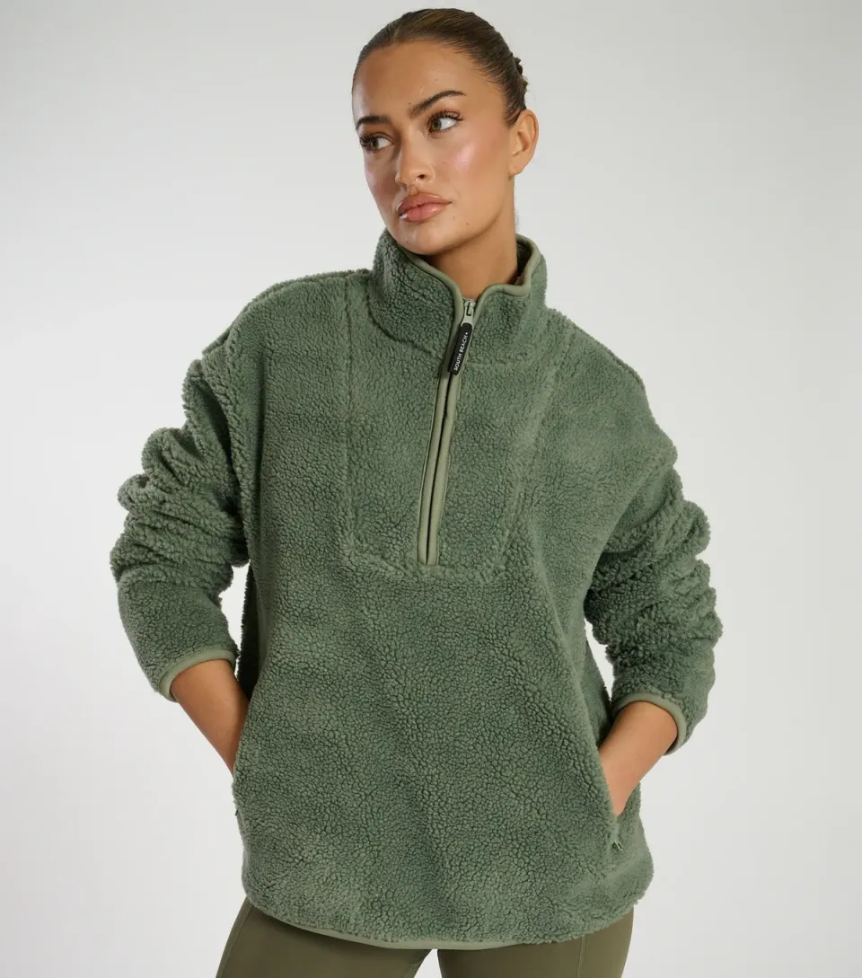 Women's Brown Leopard Quarter Zip Borg Jacket