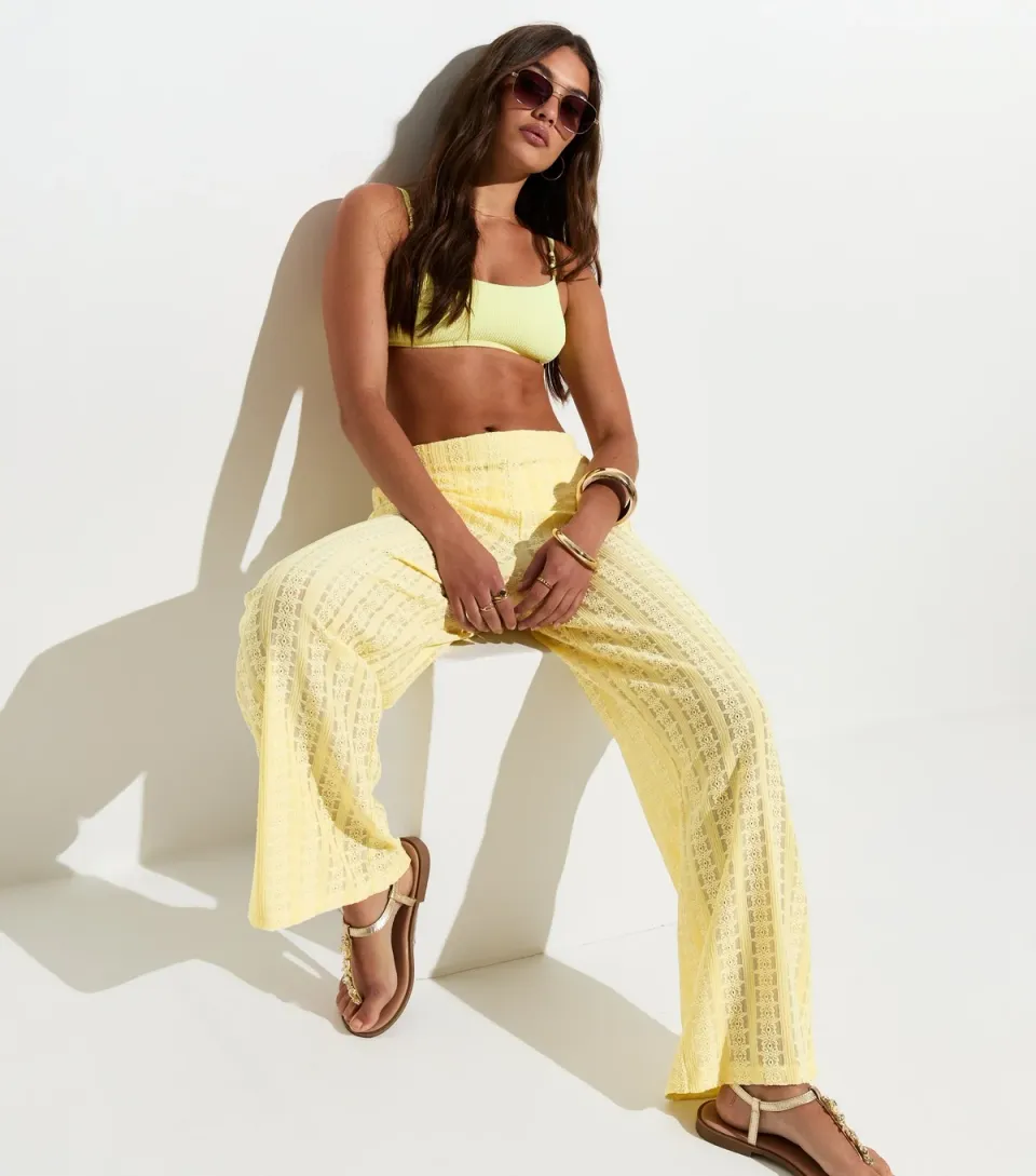 Women's Light Yellow Lace Beach Wide Leg Trousers