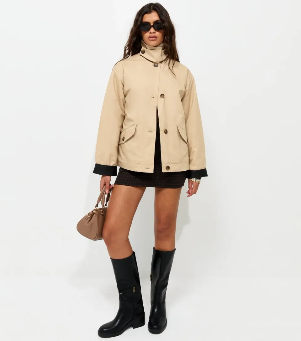 Women's Stone Contrast Trim Funnel Neck Barn Jacket