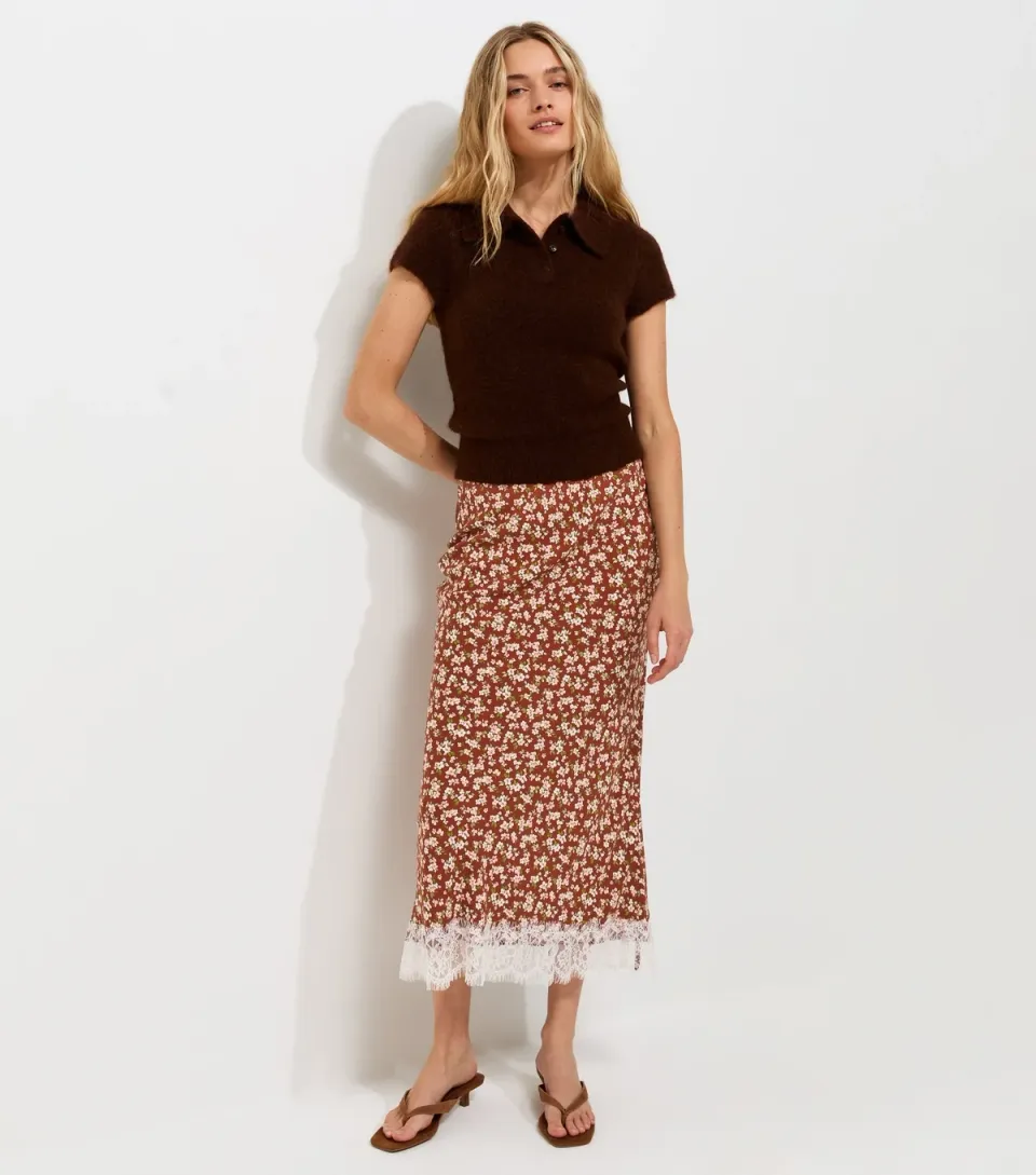 Women's Orange Floral Print Lace Hem Bias Cut Midi Skirt
