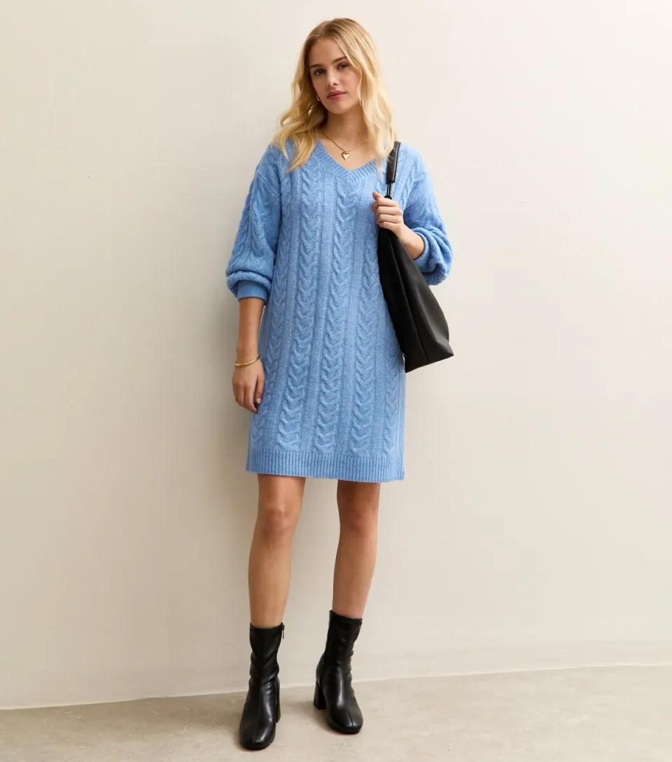 Women's Mid Blue Cable Knit Jumper Dress