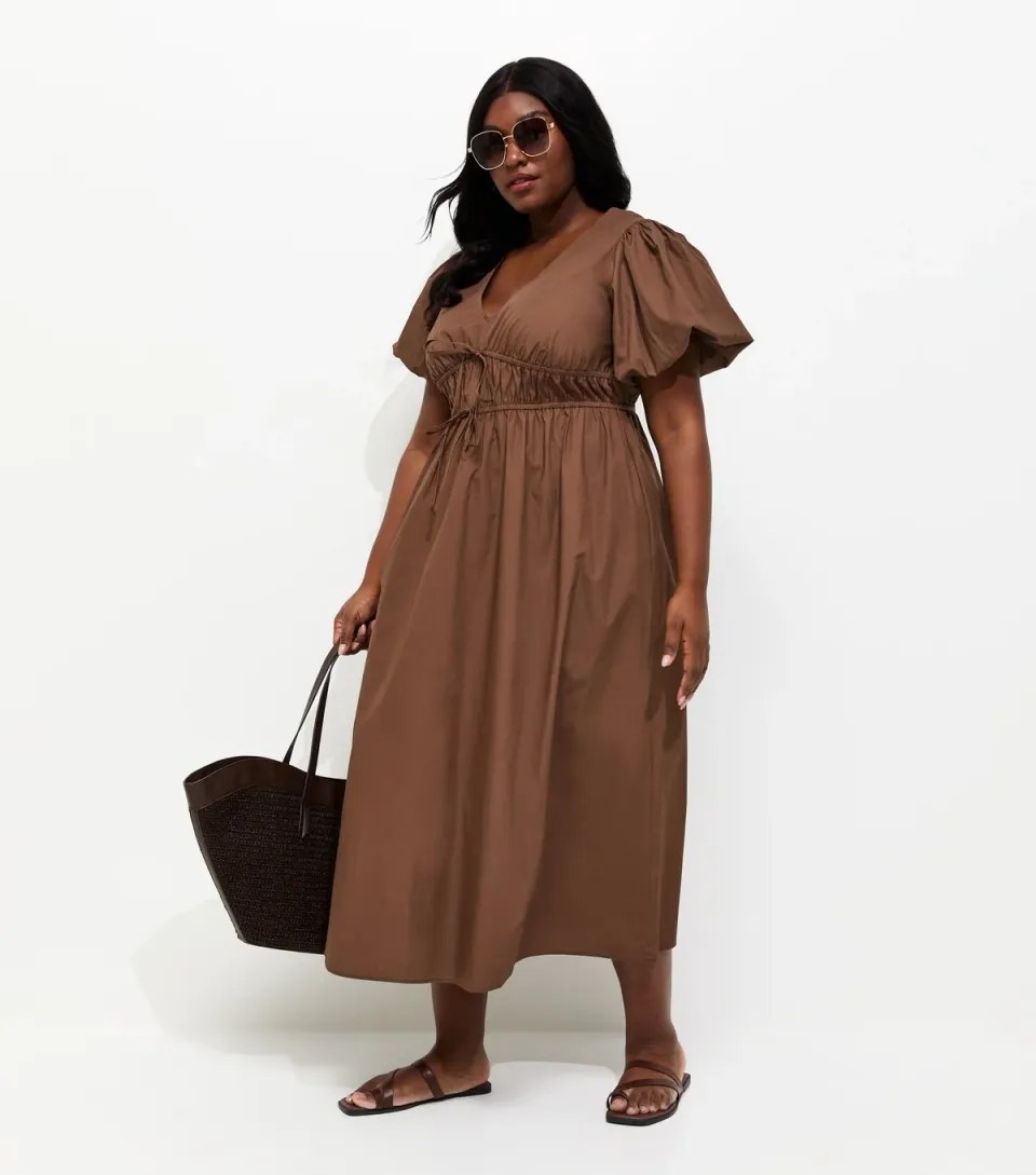 Women's Plus Size Dark Brown Puff Sleeve Flared Midi Dress Curves