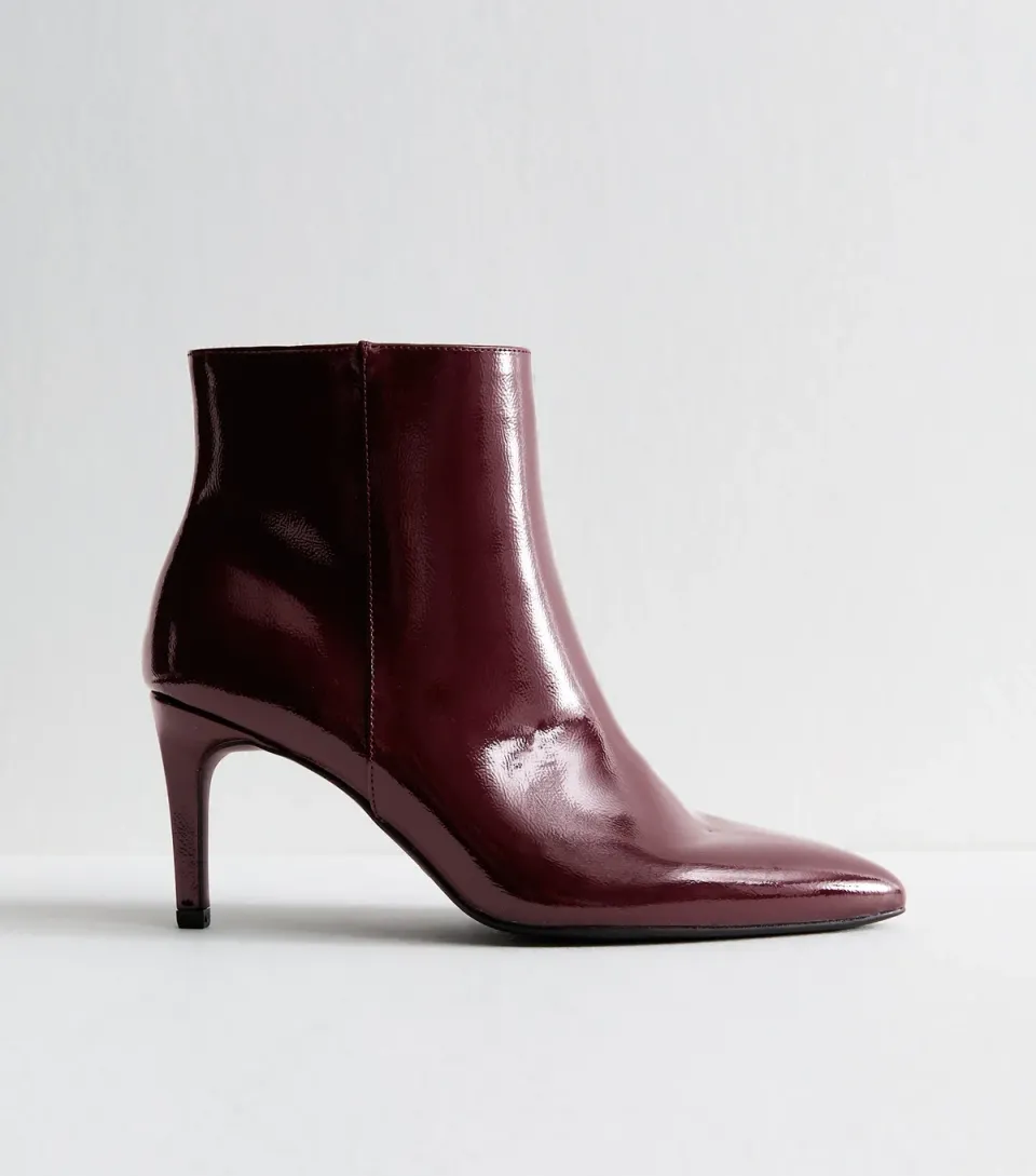 Women's Dark Burgundy Faux Patent Leather Point Toe Ankle Boots Vegan