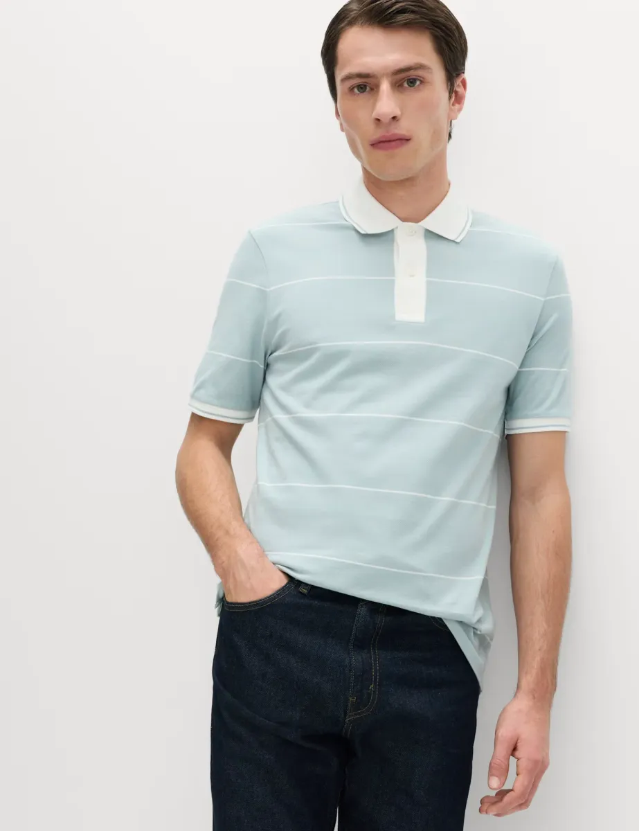 Pure Cotton Pique Striped Polo Shirt Soft Blue