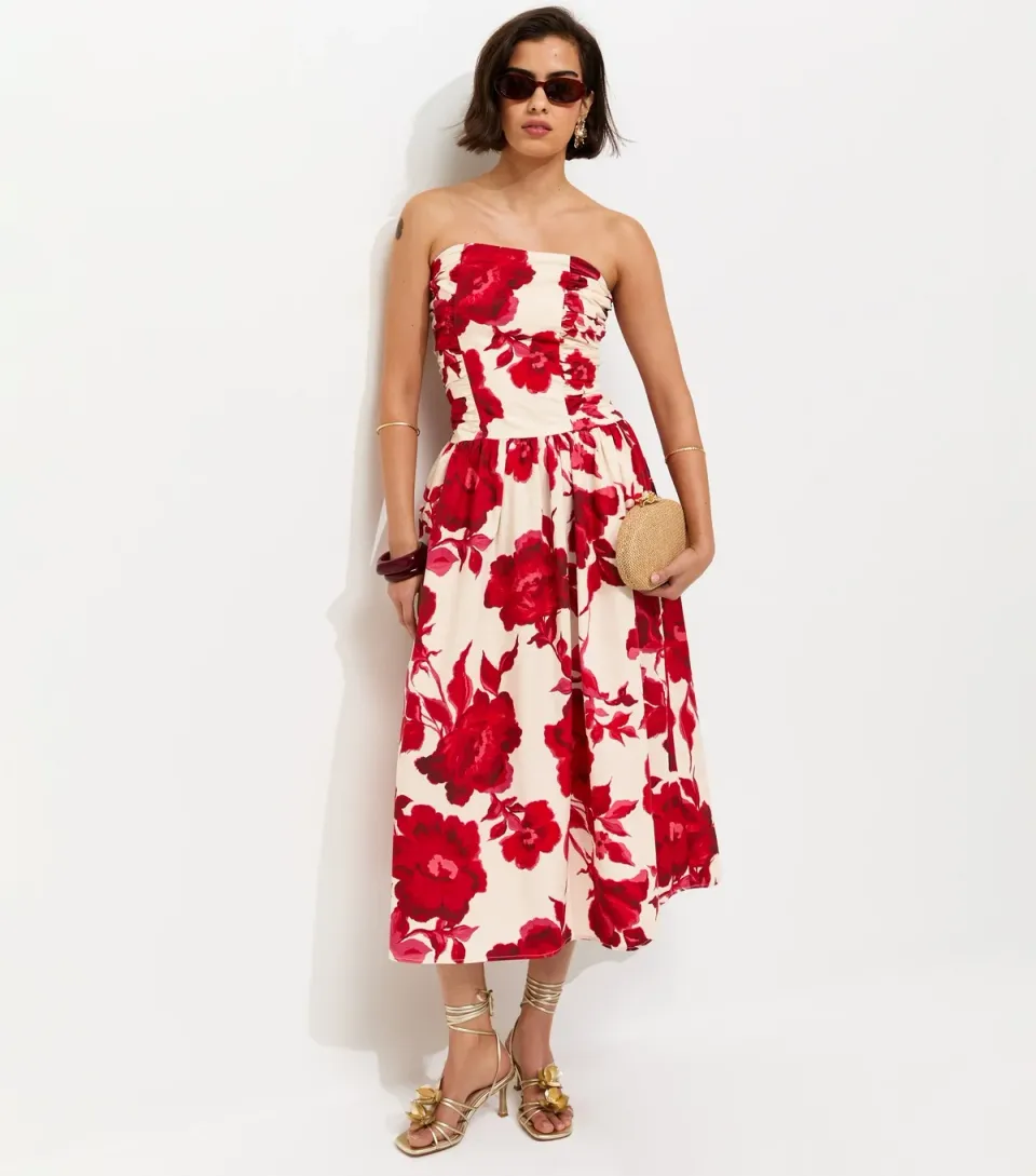 Women's Pink Floral Print Ruched Bandeau Midi Dress