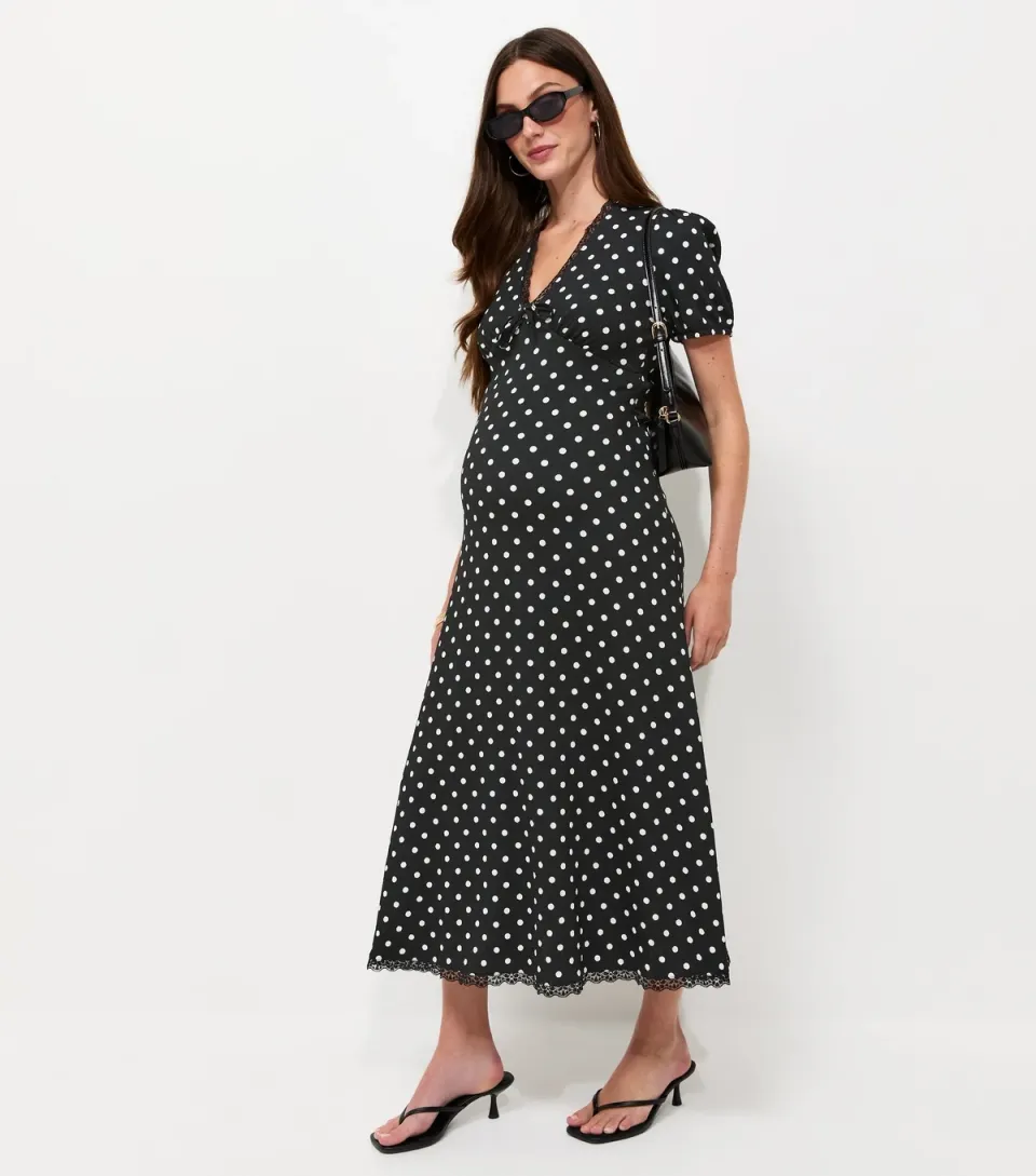 Women's Maternity Black Spot Print Lace Trim Midi Dress