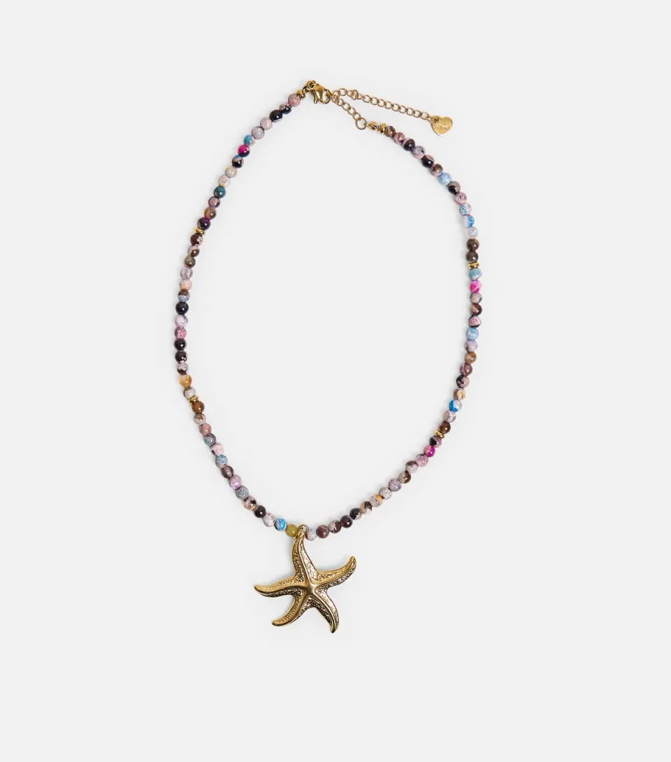 Gold Tone Beaded Starfish Pendant Necklace