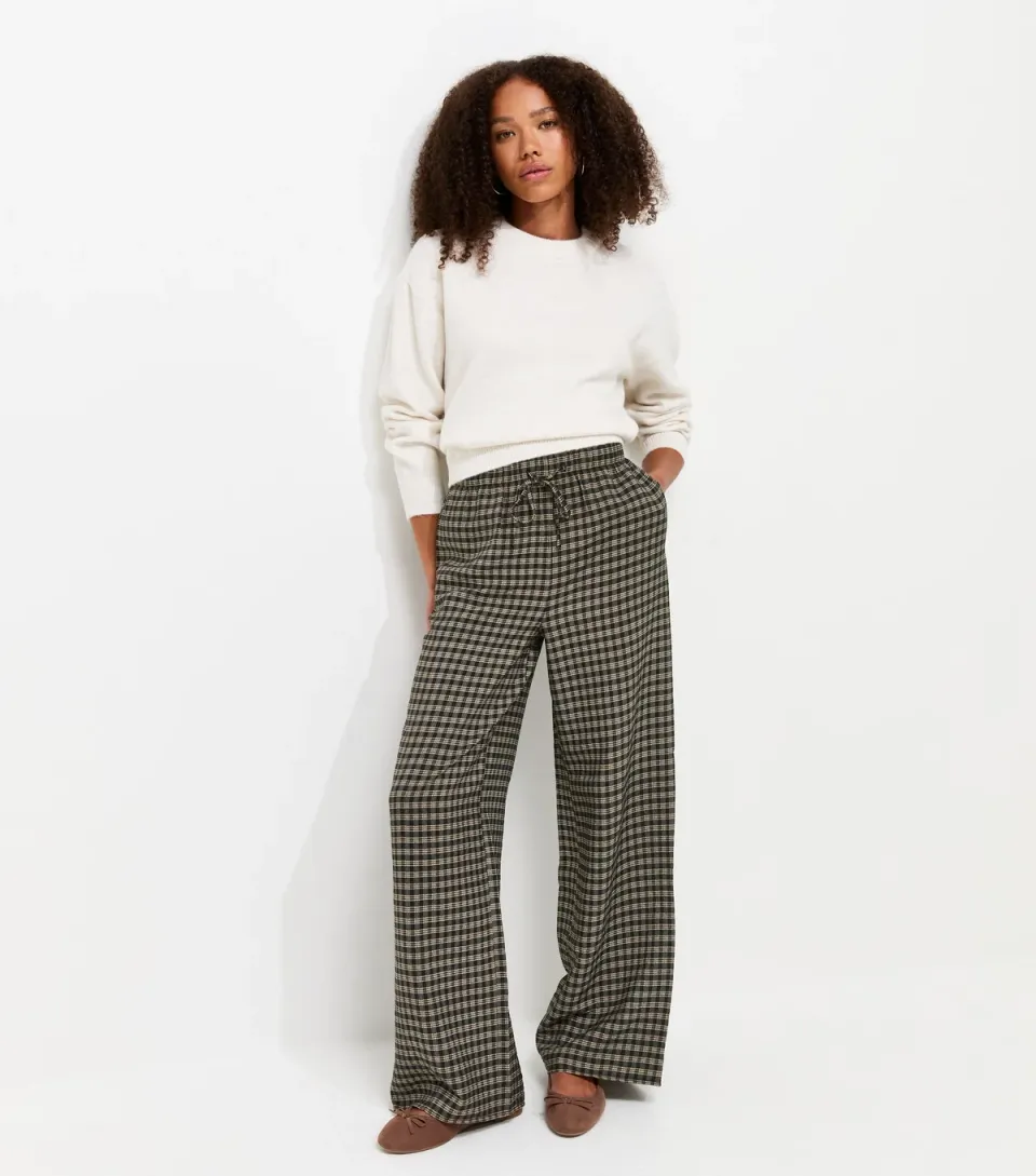 Women's Blue Check Pattern Wide Leg Trousers