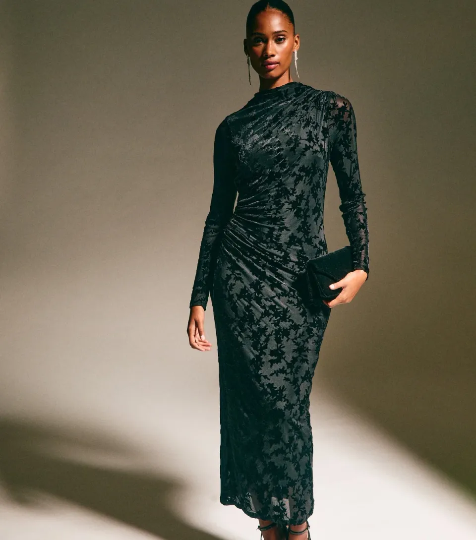 Women's Black Velvet Floral Devore Long Sleeve Midi Dress
