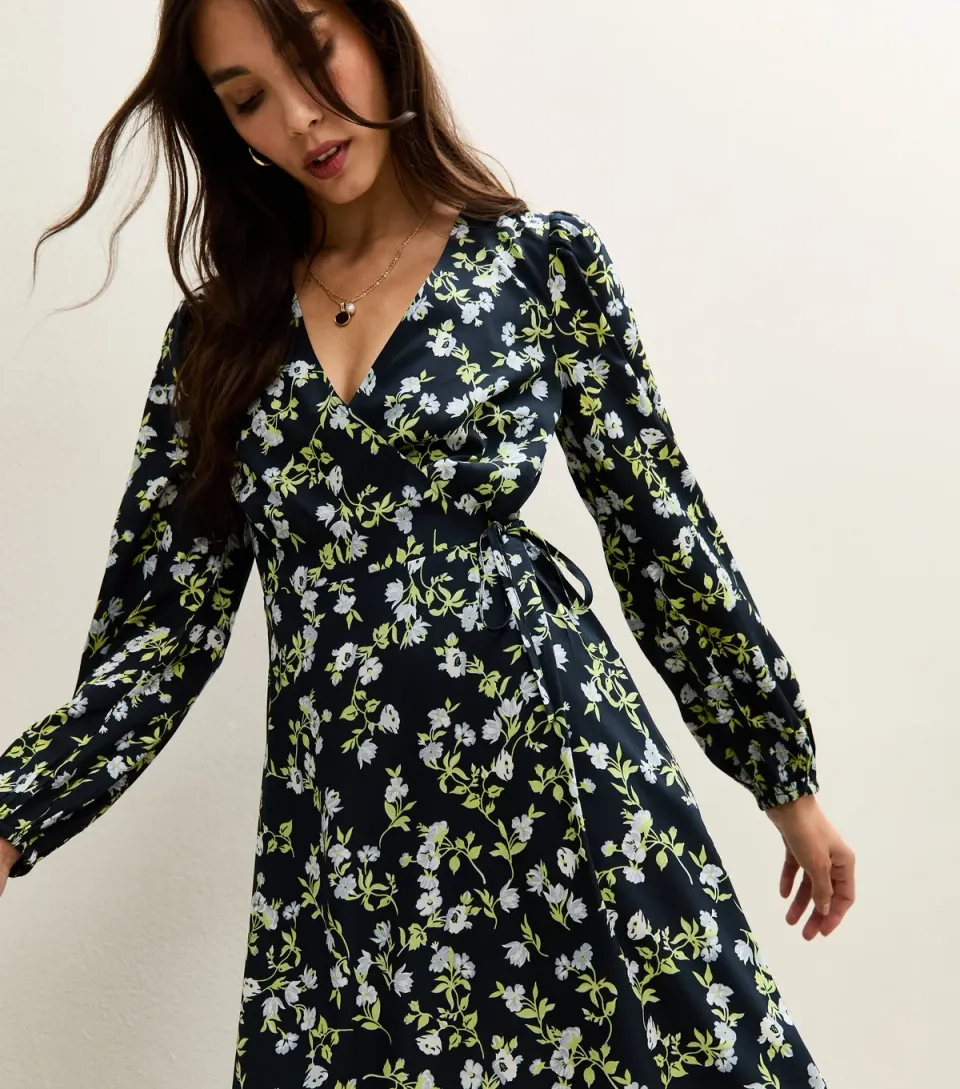 Women's Blue Crepe Floral Print Wrap Midi Dress