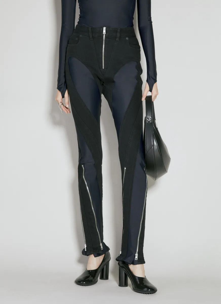 Slited Bi-Material Spiral Jeans