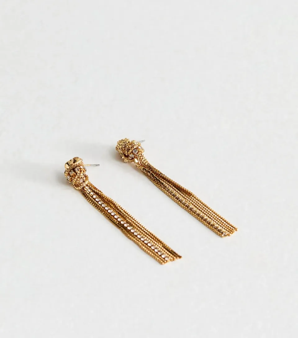 Gold Tone Diamante Knot Tassle Drop Earrings