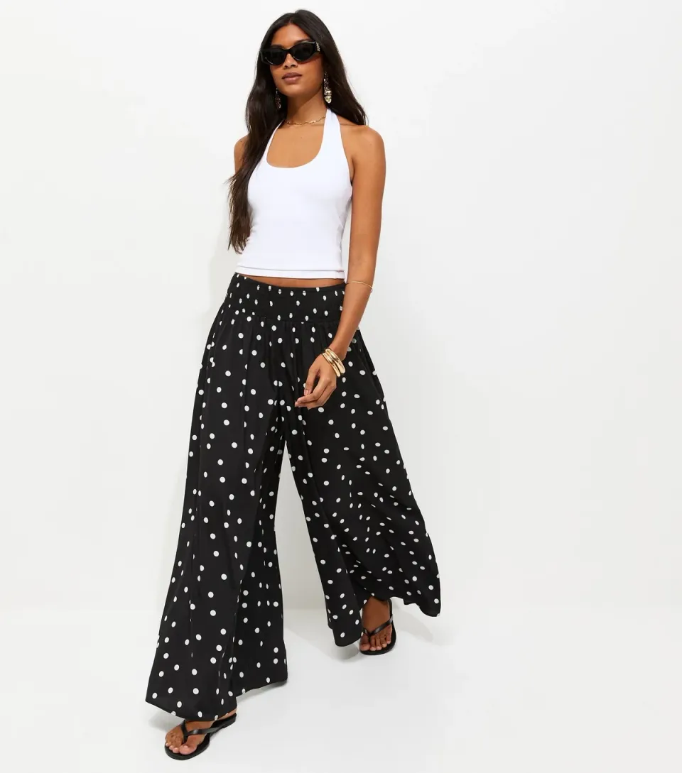 Women's Black Crepe Spot Print Palazzo Trousers