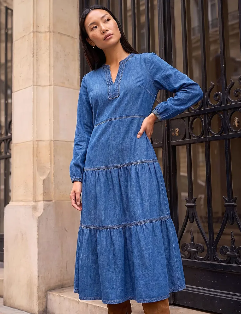 Pure Cotton Tiered Knee Length Dress Denim Mix