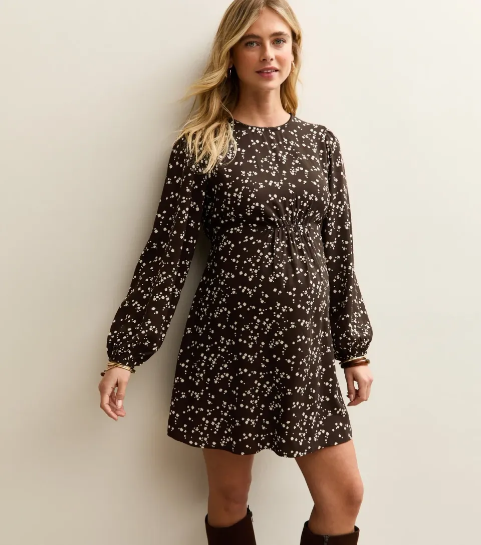 Women's Maternity Dark Brown Ditsy Long Sleeve Flutter Mini Dress