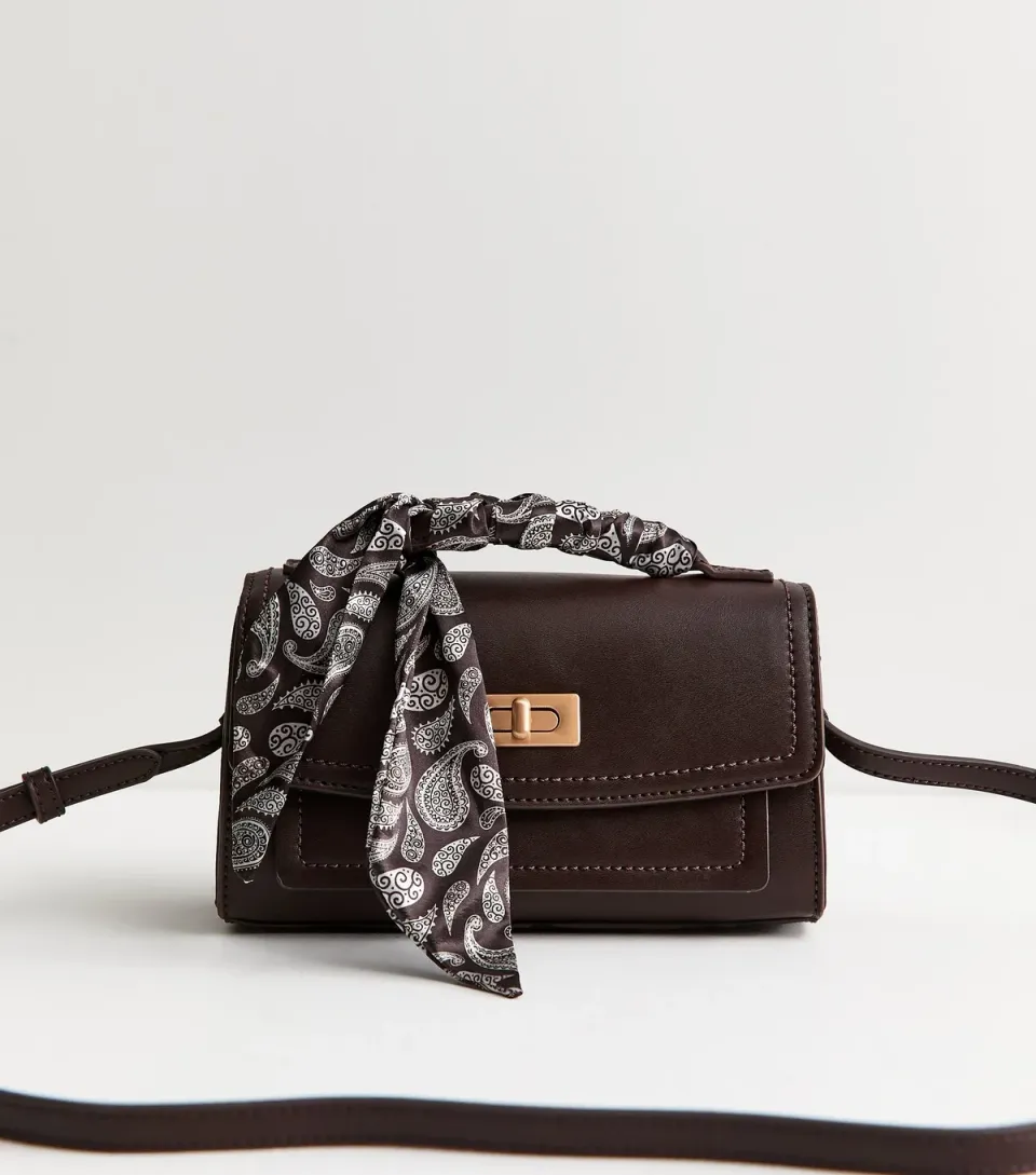 Camel Faux Suede Scarf Top Handle Bag