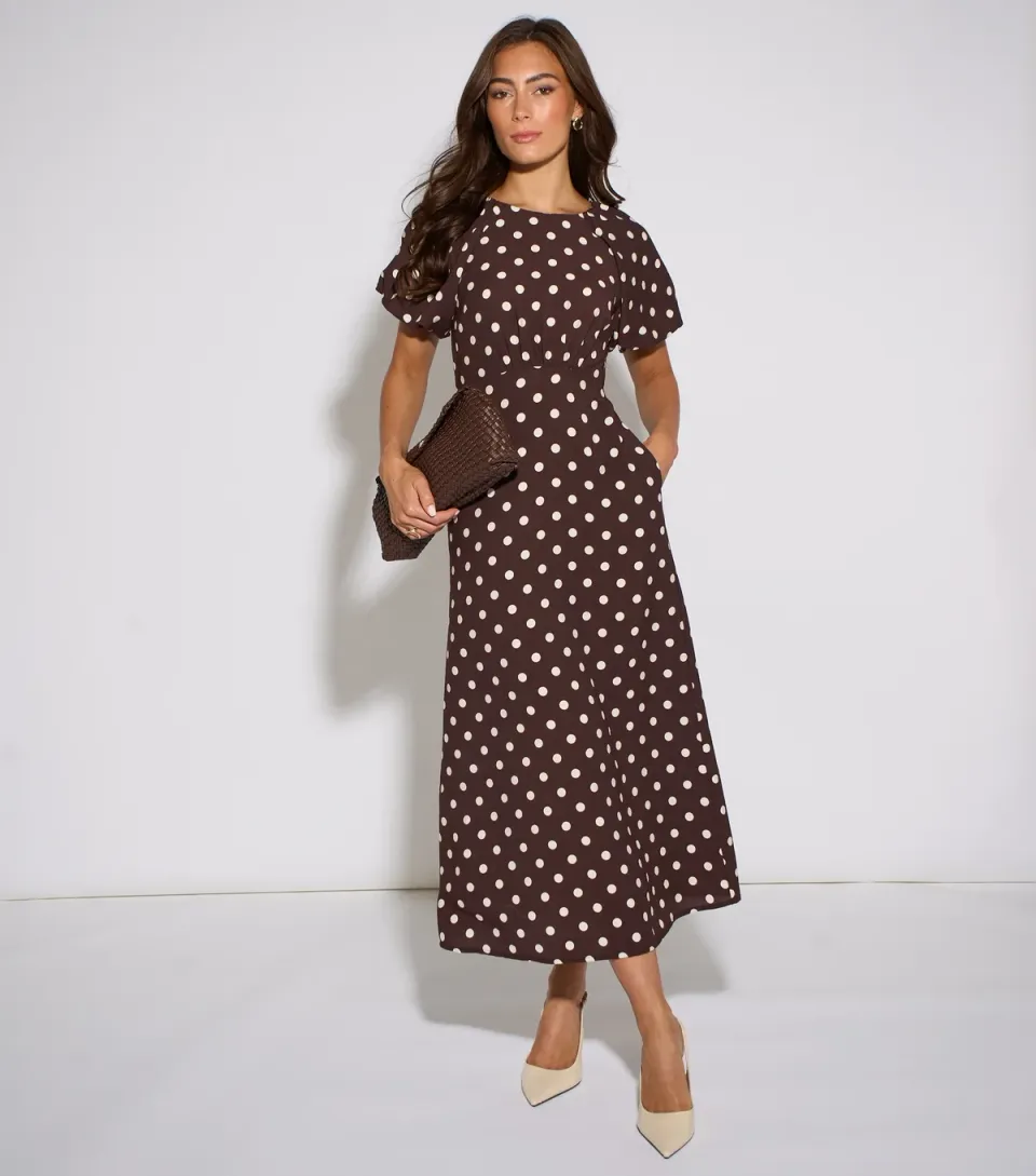 Women's Brown Spot Print Puff Sleeve Midi Dress