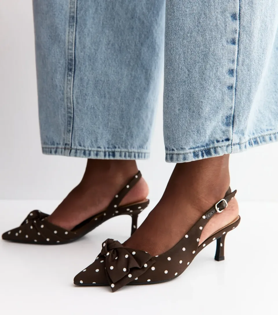 Women's Dark Brown Satin Polka Dot Slingback Court Shoes Vegan