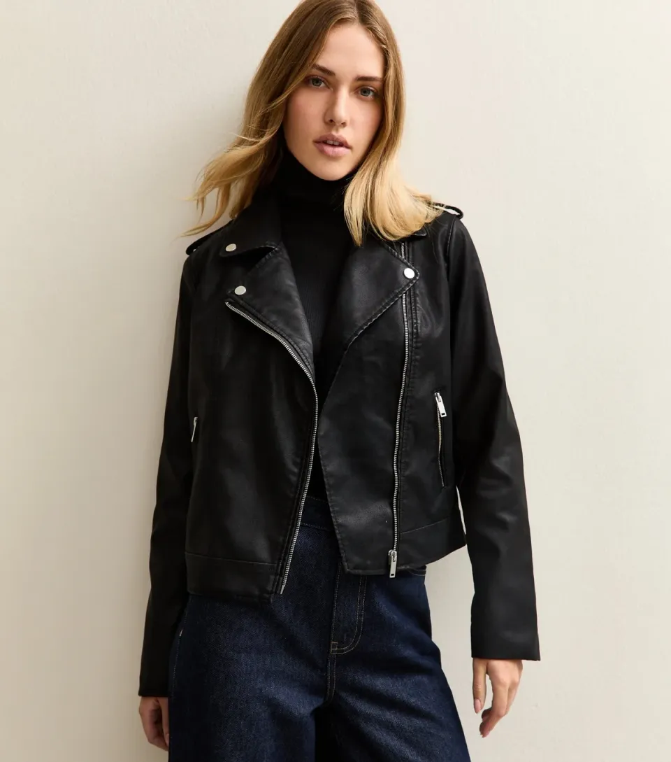 Women's Black Leather-Look Biker Jacket