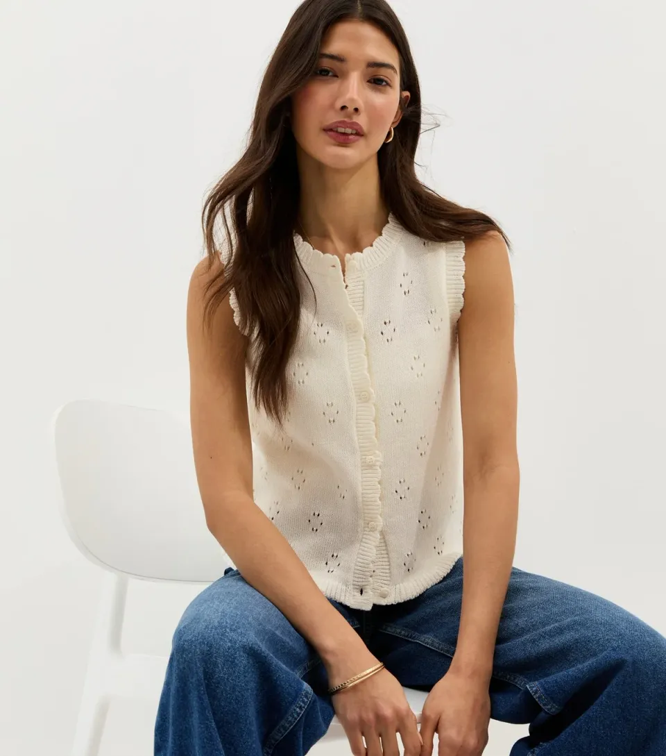 Women's Cream Cotton Rich Stitch Detail Scallop Trim Waistcoat