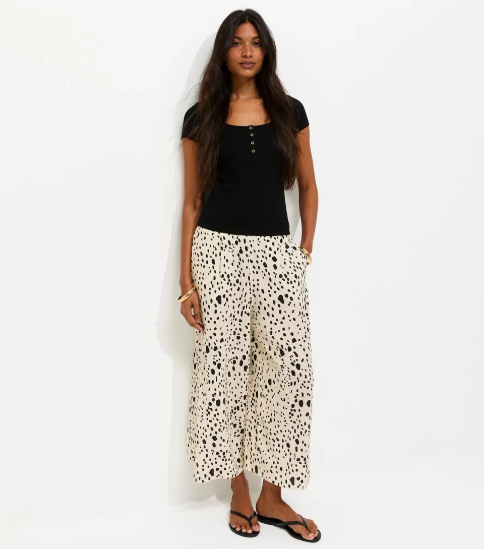 Women's White Spot Print Cropped Wide Leg Trousers