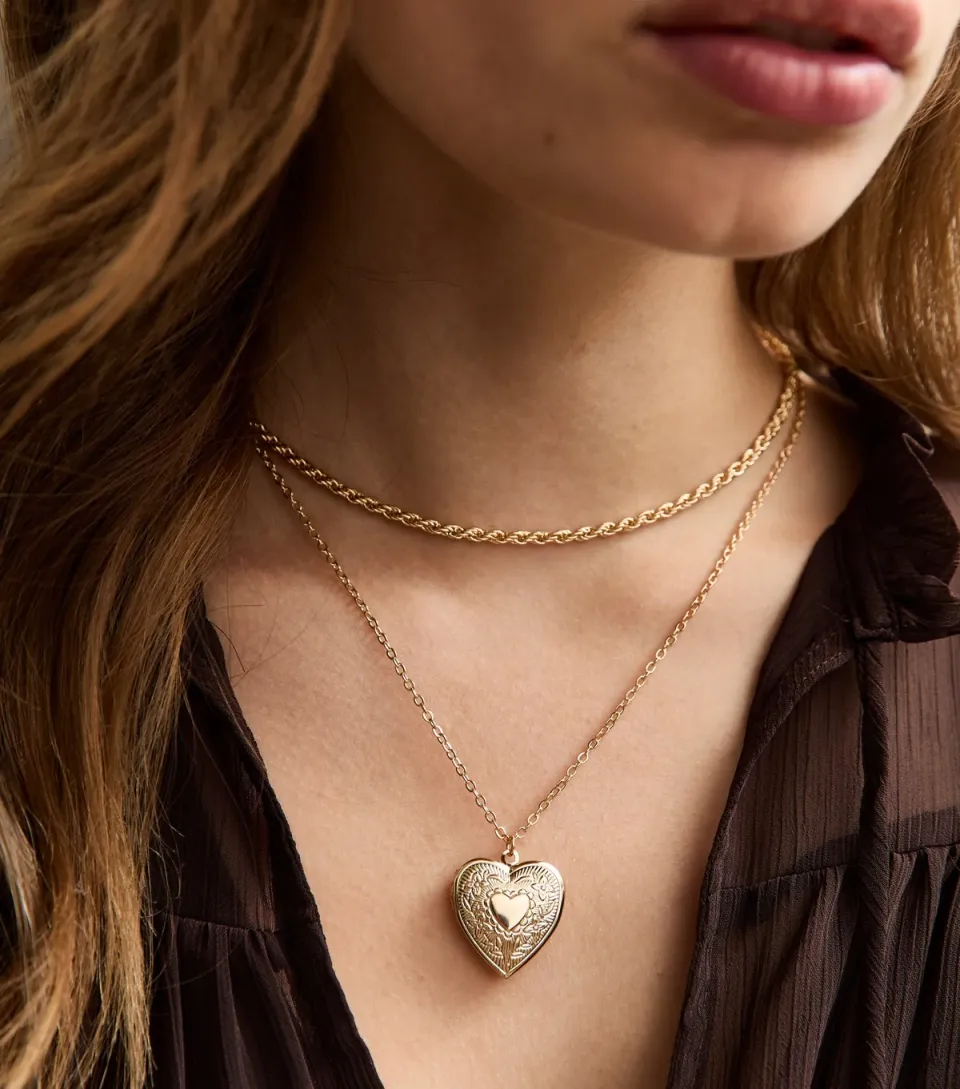 Gold Tone 2-Layer Chunky Chain Heart Locket Necklace
